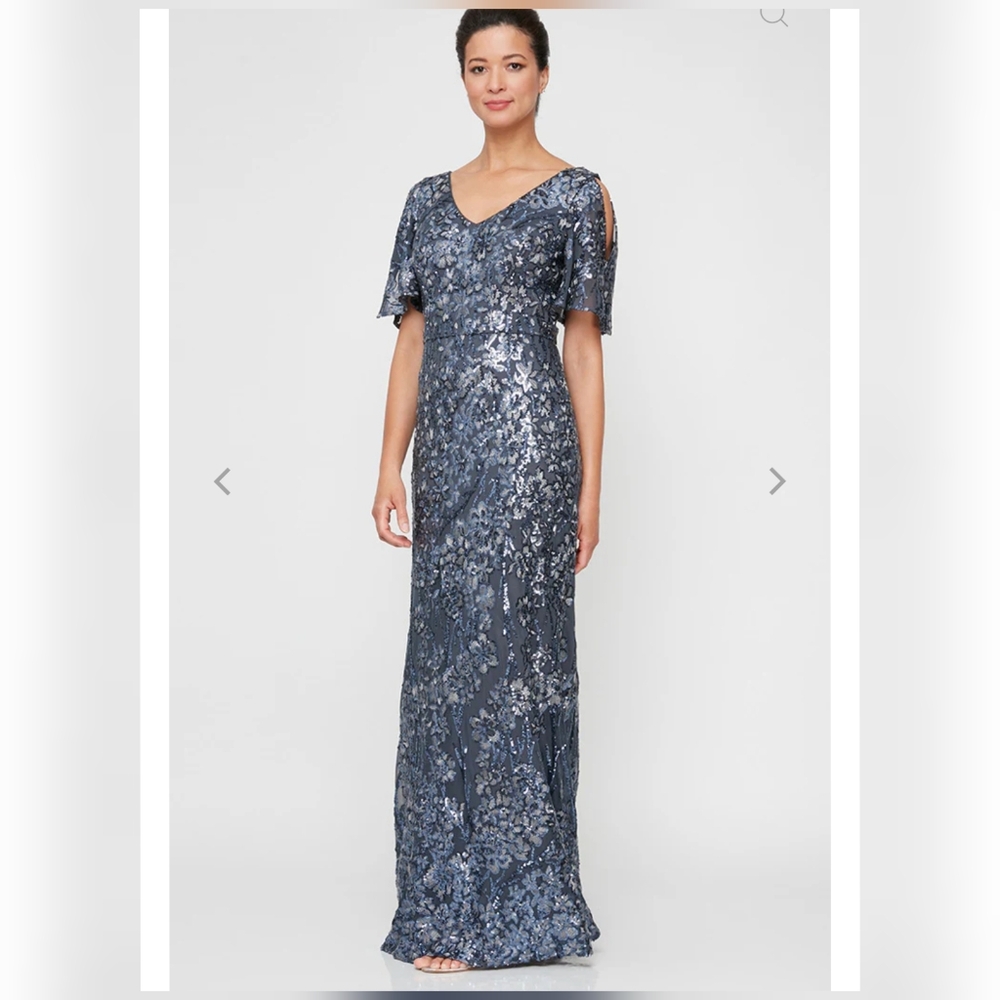 NEW Women's Alex Evenings Caroline Flutter Sleeve Sequin Gown 12 Charcoal MOB